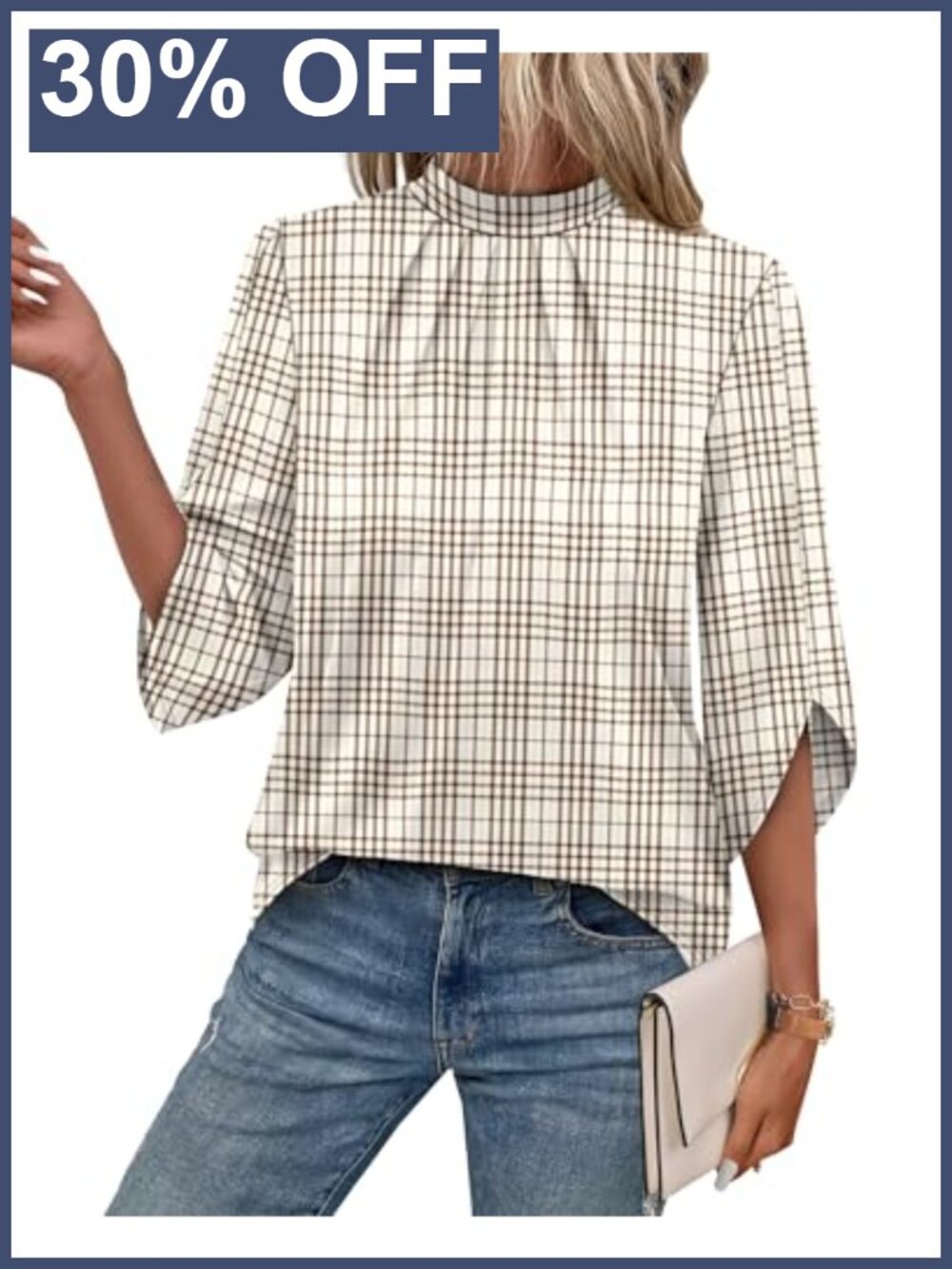 Womens Mock Neck Blouse 3/4 Petal Sleeve Pleated Front Dressy Casual Top